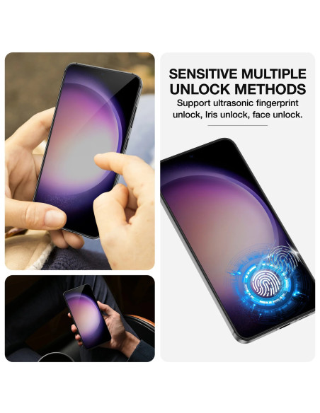 Samsung S24 med härdat glas, visad framifrån med fokus på skärmens yta och design