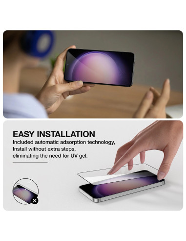 Samsung S24 med härdat glas, visad under installation med fokus på automatisk adsorptionsfunktion