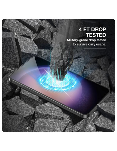 Samsung S24 med härdat glas, illustrerad med en dropptest-scen för att visa skydd mot stötar
