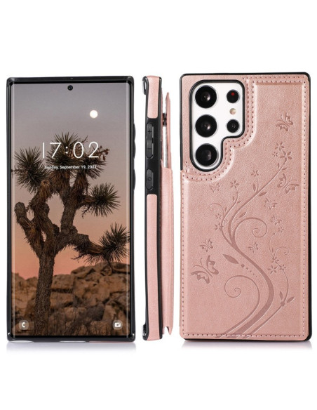 Roséguldskal för Samsung S24 Ultra med korthållare, sett från sidan med flip-design