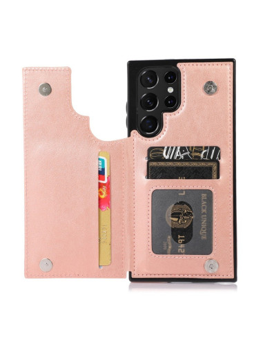Detaljvy av roséguldskal för Samsung S24 Ultra med tre kort i facken, sett uppifrån