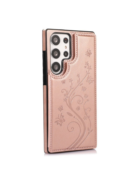 Roséguldskal för Samsung S24 Ultra med blommönster, sett från sidan med korthållare