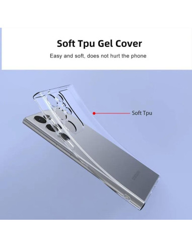 Transparent TPU-skal för Samsung S24 Ultra med fokus på mjukhet och flexibilitet, sett från sidan