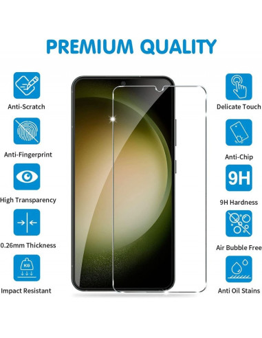 Framifrån vy av Samsung S24 Plus med stöttåligt 3in1-skal och tydligt skyddsglas