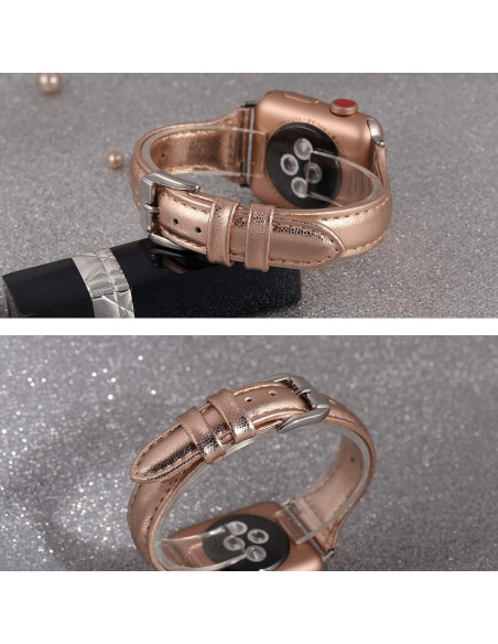 Rosegold läderarmband för Apple Watch 38/40/41mm sett från sidan med spännet i fokus