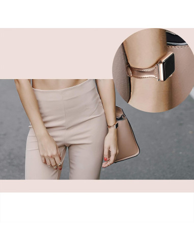 Rosegold läderarmband för Apple Watch 38/40/41mm på handleden, närbild av klockan i användning