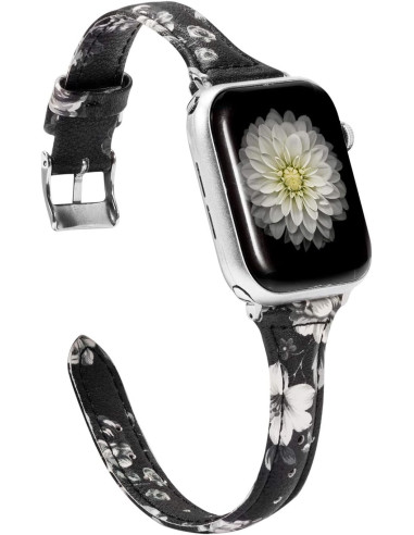 Svart läderarmband med vit blomma på en Apple Watch, visad från en vinkel