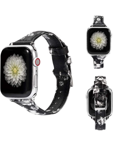 Svart läderarmband med vit blomma, visat från sidan med fokus på klockans display