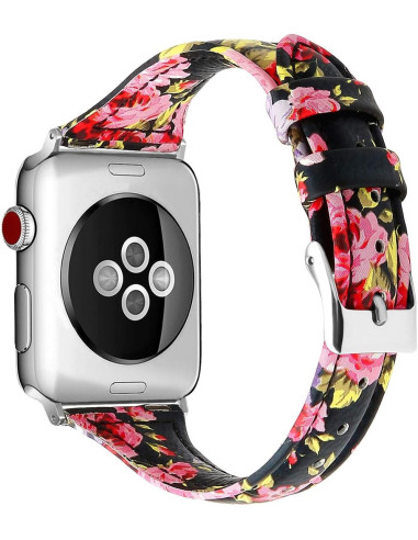 Svart floral klockarmband Mercy 20mm med blommönster, sett från baksidan på en klocka