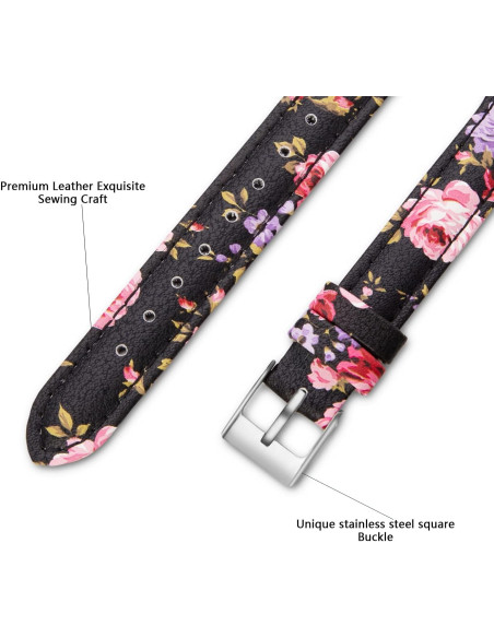 Närbild av svart floral klockarmband Mercy 20mm med detaljerad sömnad och spänne