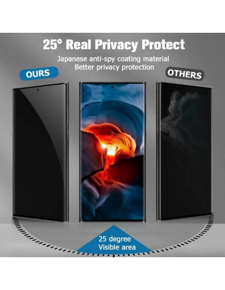 Visning av Samsung S24 Ultra med fokus på 25 graders integritetsskydd och jämförelse med andra skärmskydd
