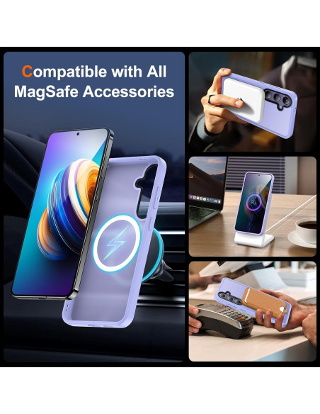 Lila MagSafe-kompatibelt skal för Samsung S24, visat med tillbehör och i användning