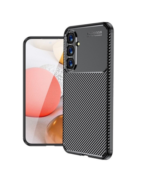 Samsung A25 5G skal i FullCarbon, sett från sidan med telefonens skärm synlig