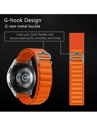 Detaljvy av Titan's Grip V4 klockarmband i orange, med fokus på G-hook spännet och bandets struktur