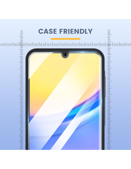 Framifrån vy av Samsung A25 5G härdat glas med mätlinjer och tydlig skärmdesign