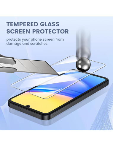 Samsung A25 5G härdat glas i närbild med skärmskydd och kniv som demonstrerar hållbarhet