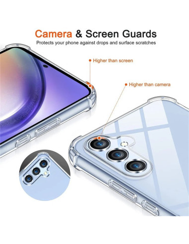 Detaljvy av Samsung A35 5G skalets kameraskydd och knappar, med tydlig transparent design