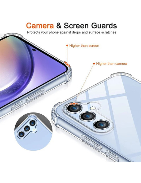 Detaljvy av Samsung A35 5G skalets kameraskydd och knappar, med tydlig transparent design