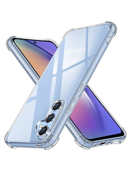 Transparent stöttåligt skal för Samsung A35 5G, sett snett framifrån med telefonen inuti