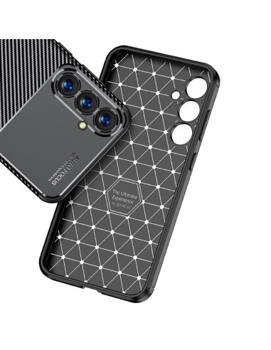 Samsung A35 5G skal i fullkolfiber, närbild av insidan med geometriskt mönster och kamerautskärning