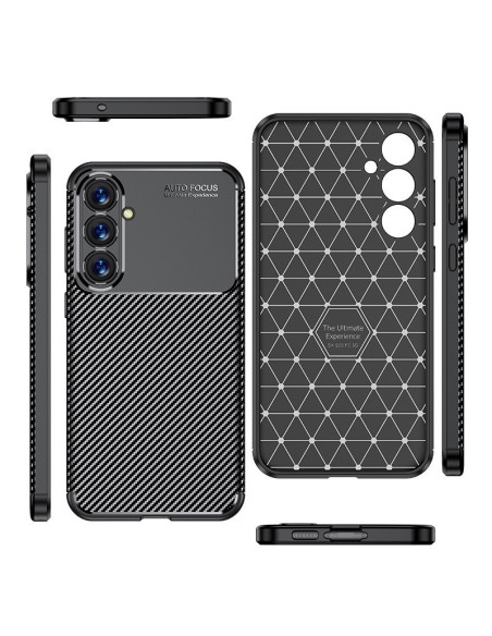Samsung A35 5G skal i fullkolfiber, visat från sidan med fokus på knappar och textur