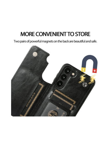 Närbild av svart flip-skal för Samsung A55 5G med korthållare och magneter, visat öppet