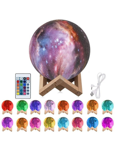 3D Mån Nattlampa med galaxdesign och träställning, fjärrkontroll och laddningskabel