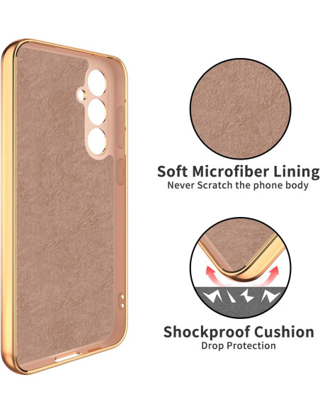 Närbild av roseguld skal för Samsung A15 5G med mjukt mikrofiberfoder och stöttålig kantdesign