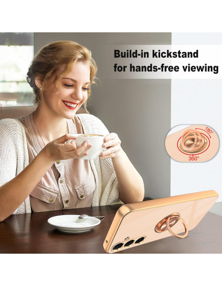 Samsung A15 5G skal i roseguld med ringhållare, visat framifrån i användning för handsfree-visning
