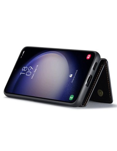 Samsung A15 5G skal i svart, visat från sidan med öppet korthållarfack och telefon monterad