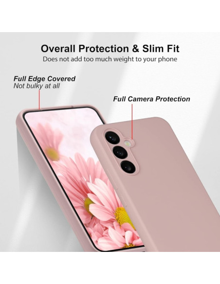 Mattrosa gummiskal för Samsung A35 5G, visat från sidan med fokus på kameraskydd och kantdetaljer