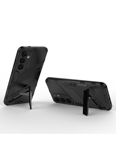 Svart stöttåligt skal för Samsung A35 5G med kickstand, visat bakifrån med utfällt stativ