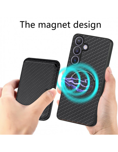 Samsung A55 5G skal med korthållare, visat i hand för att illustrera magnetens funktionalitet