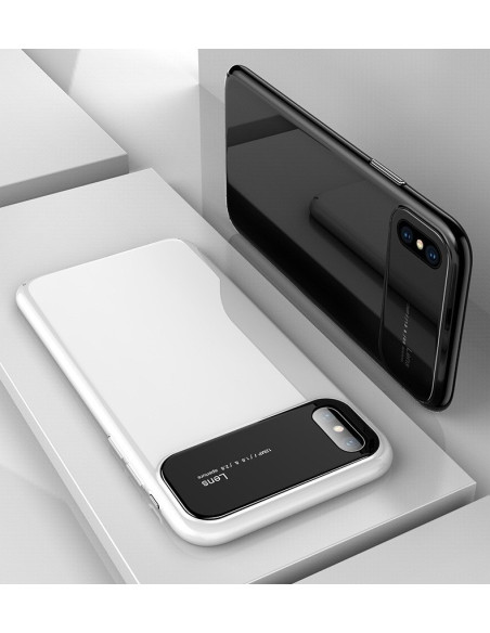 iPhone X Ultratunnt Stötdämpande Skal Blanc liggande framifrån, med svart skal i bakgrunden