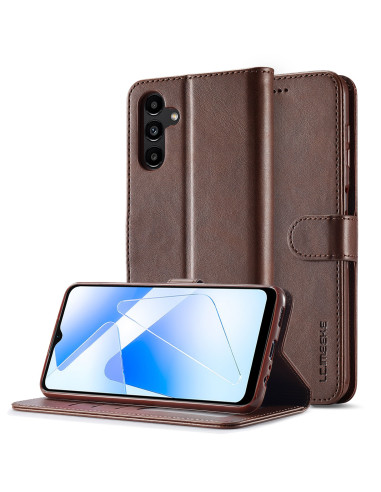 Mörkbrunt plånboksfodral för Samsung A35 5G, stängt med telefon synlig framifrån, visar konstläderdesign