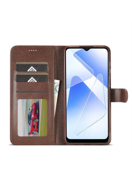 Mörkbrunt plånboksfodral för Samsung A35 5G, öppet med kortfack och en sedel, visar insidan i detalj