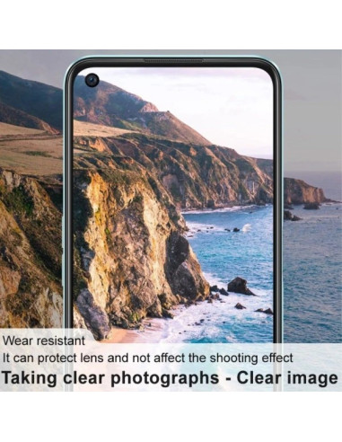 Framifrån vy av OnePlus Nord CE 2 Lite 5G med fokus på kameralinsskyddet i transparent härdat glas
