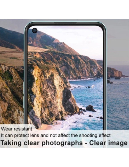 Framifrån vy av OnePlus Nord CE 2 Lite 5G med fokus på kameralinsskyddet i transparent härdat glas