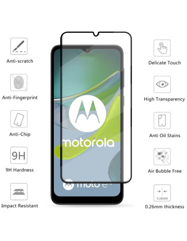 Motorola Moto E13 med härdat glas i detaljvy, visar skärmskyddets transparens och passform