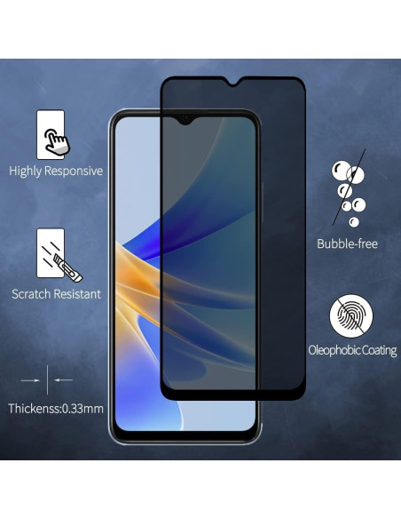 Motorola Moto E13 Privacy härdat glas i detaljvy med information om funktioner och tjocklek