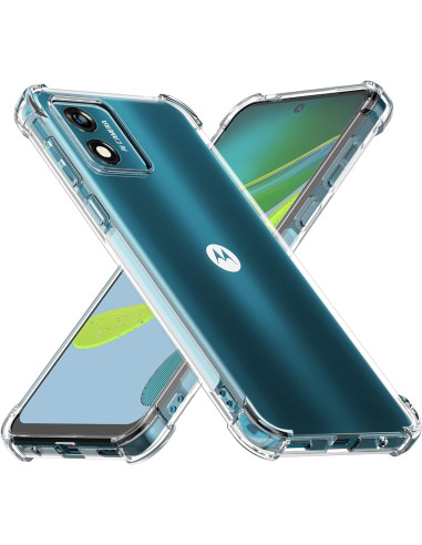 Motorola Moto E13 skal i transparent TPU, visat från baksidan med telefonen monterad