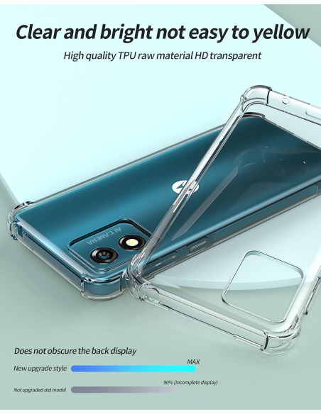 Närbild av Motorola Moto E13 skal i transparent TPU som visar kamerautskärning och tydlig design