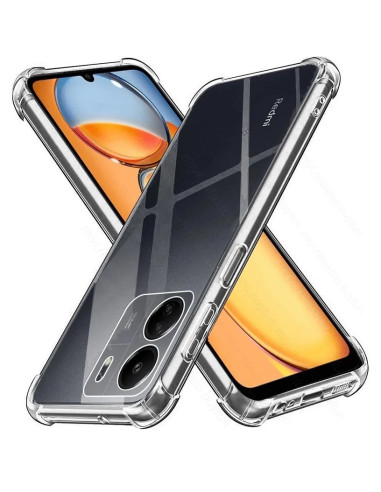 Transparent skal för Xiaomi Redmi 13C 4G, visat framifrån med diagonala linjer och förstärkta hörn