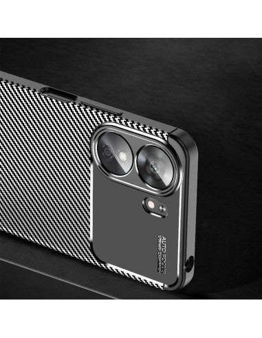 Xiaomi Redmi 13C skal i karbonfiberdesign, detaljvy av baksidan med fokus på kamerautskärning