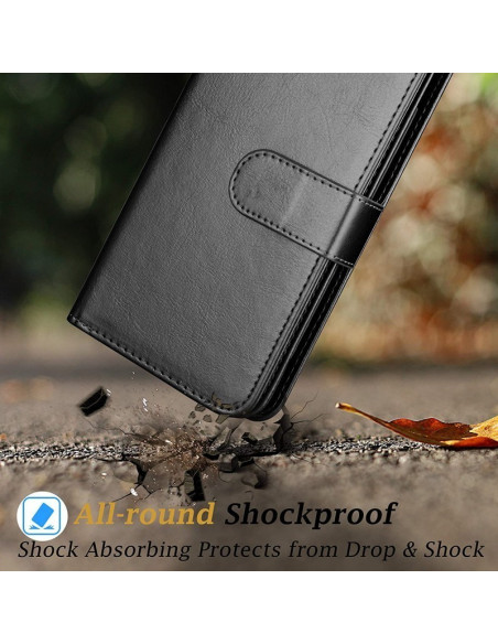 Svart plånboksfodral för iPhone 15 Pro med fokus på material och stötabsorberande funktion