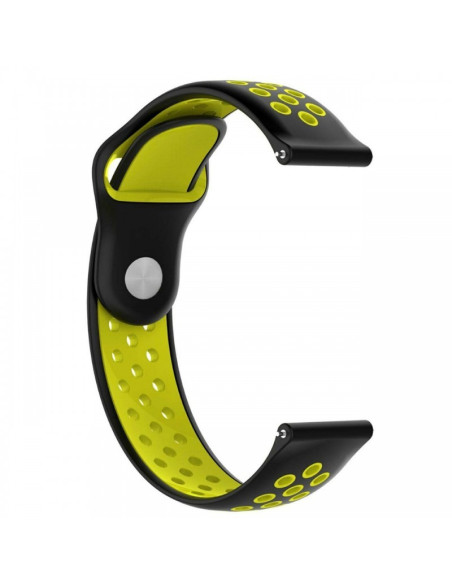 Svart klockarmband i silikon med gula perforeringar, sett från sidan
