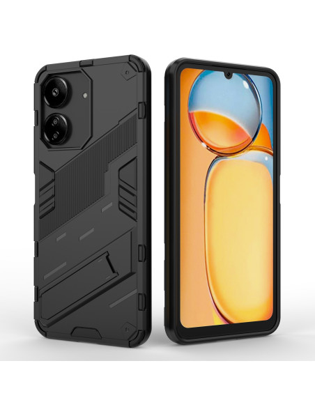 Svart stöttåligt skal för Xiaomi Redmi 13C med kickstand, visat från sidan med telefon monterad
