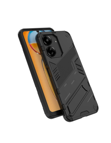 Svart stöttåligt skal för Xiaomi Redmi 13C med kickstand, visat framifrån med telefon i skalet