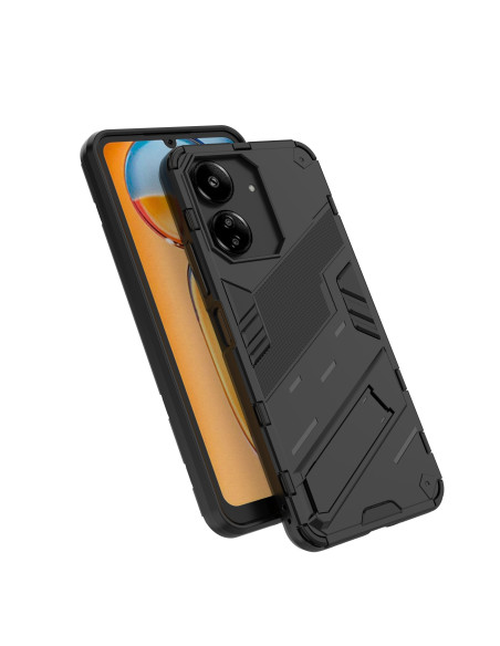 Svart stöttåligt skal för Xiaomi Redmi 13C med kickstand, visat framifrån med telefon i skalet