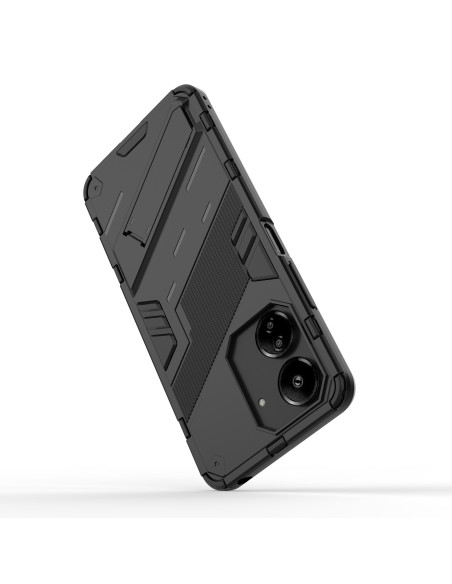 Svart stöttåligt skal för Xiaomi Redmi 13C med kickstand, visat i en 3D-vinkel för att framhäva texturen